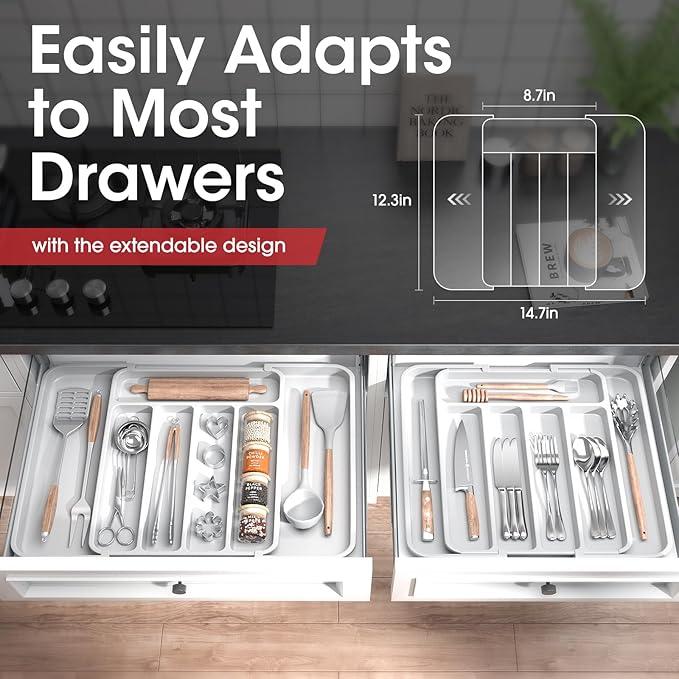 Aujen Silverware Organizer - Expandable Kitchen Drawer Organizer, Adjustable Utensil Organizer, Cutlery Tray for Forks, Knives, Multipurpose Kitchen Organizers and Storage Solution, White, Medium