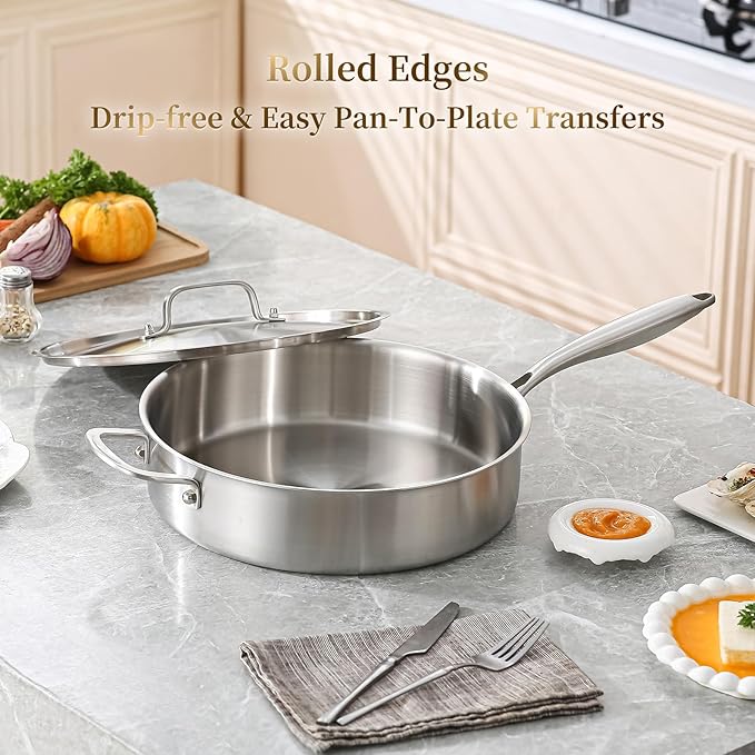 DELARLO 5QT Saute Pan Tri-Ply Stainless Steel Pan, 12Inch Deep Frying Pan with Steel cover, Kitchen Large Skillet,Heavy Duty Style Compatible With All Cooktops Up to 650℉