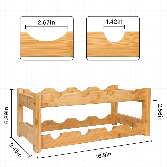 VASMIA Wine Rack, 2-Tier Bamboo Wine Racks Countertop Cabinet Wine Holder Wine Storage Shelf for Pantry Kitchen Bar, Natural