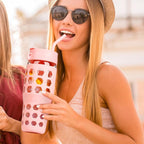 MUKOKO 32 oz Glass Tumbler with Straw,Glass Water Bottles with Time Marker,Iced Coffee Cup with 2 Lids-Handle Spout Lid&Straw Lid,Silicone Sleeve,Leakproof,1 Pack-Pink