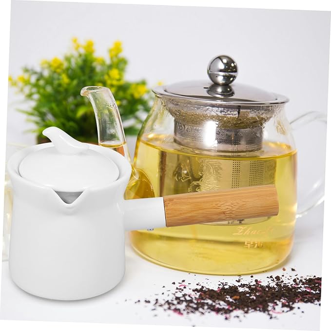 Ceramic Milk Pot with Wooden Handle 350Ml Mini Butter Warmer for Sauces Cream and Milk Ideal for Home Use