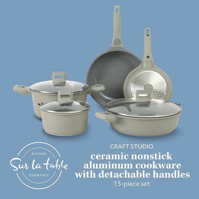 Sur La Table Kitchen Essentials 13 Piece Detachable Handle Pots and Pans Premium PFA Free Premium Ceramic Non Stick Induction Safe and Secure Removable Handle Cookware Set - Juniper Green