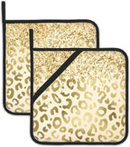 Yellow Leopard Pot Holder Set of 2,Sparkling Glitter Kitchen Heat Resistant Potholder for Women Men BBQ Cooking Baking