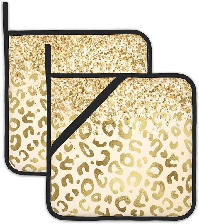 Yellow Leopard Pot Holder Set of 2,Sparkling Glitter Kitchen Heat Resistant Potholder for Women Men BBQ Cooking Baking
