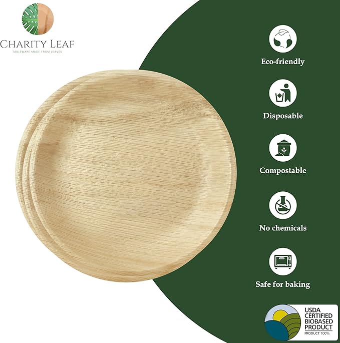 Disposable Palm Leaf 9" Round Plates (50 pieces) Bamboo Like Serving Platters, Disposable Boards, Eco-Friendly Dinnerware For Weddings, Catering, Events