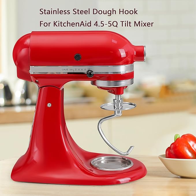 Stainless Steel Dough Hook for KitchenAid 4.5-5 Quart Tilt-Head Stand Mixers, Dishwasher Safe Metal Kneading Bread Hook Attachment for Kitchen Aid