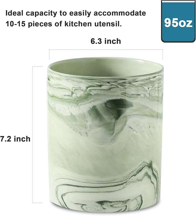 7.2 inch Large Utensil Holder for Kitchen Counter, Marble Utensil Crock Spatula Holder for Countertop Cooking Tools Storage Caddy Farmhouse Kitchen Decor (Marble-Green)