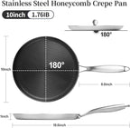 Stainless Steel Crepe Pan - 10 Inch Nonstick Crepe Pan, Stainless Steel Honeycomb Coating Pancake Pan, Non Stick Flat Skillet Tawa Dosa Tortilla Griddle Pan, Induction Compatible, PFOA Free