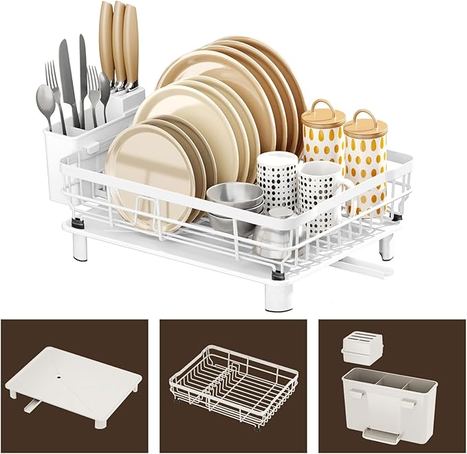 Iron Dish Drying Rack with Drainboard Dish Drainers for Kitchen Counter Extendable Spout Strainers with Utensil Holder and Knife Slots, White