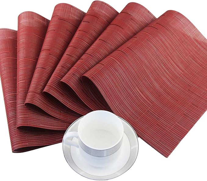 PIGCHCY Placemats,Washable Durable Vinyl Woven Table Mats,Elegant Heat Resistant Placemats for Dining Table Set of 4 (18 x 12 inches,Burgundy Red)