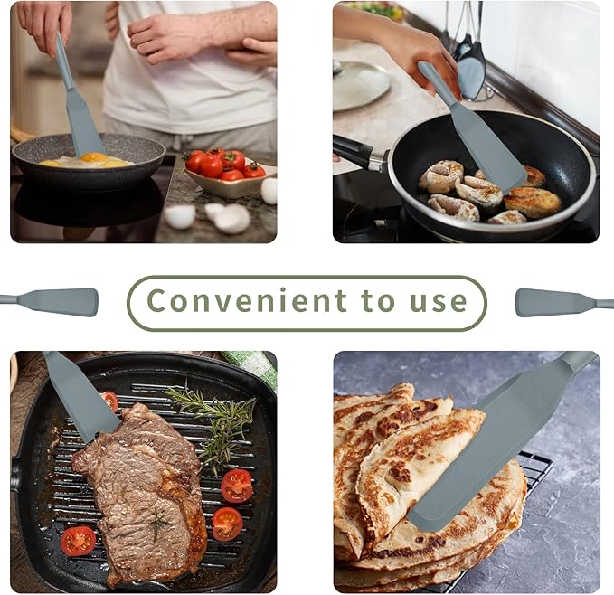 Dioycli Silicone Spatulas for Cooking Heat Resistant Pancake Spatula, Non Stick Long Omelette Spatula Turner Bpa Free 2 Pieces for Crepes Egg Burgers Pizza Cookie（Grey）