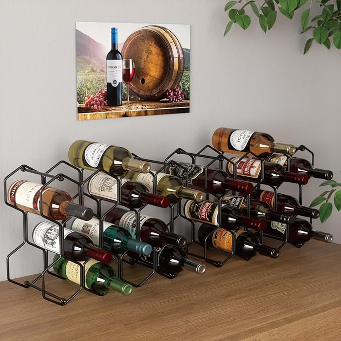 Buruis Countertop Wine Rack, 14-Bottle Modern Freestanding Metal Holder for Red and White Wine, Tabletop, Kitchen, Bar, and Cabinet Storage (Black)