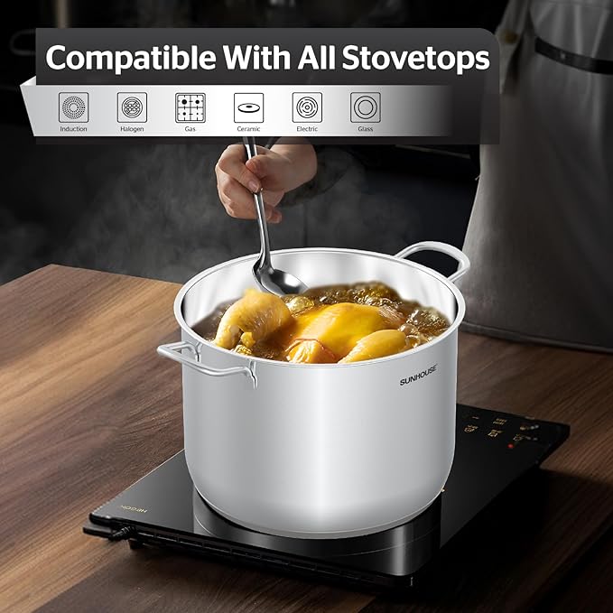 SUNHOUSE Stainless Steel Stock Pot – 12.6 Quart Heavy-Duty Induction Cooking Pot with Glass Lid for Pasta, Soup, Spaghetti – Thick-Bottom Large Stockpot for Boiling, Simmering, Canning