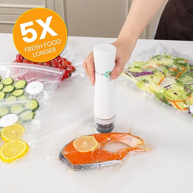Sunvivi Portable Vacuum Sealer Machine for Food Storage & Preservation – Automatic Air Sealing System with Reusable Bags & Kitchen Accessories – Handheld Food Saver for Home, Sous Vide, White