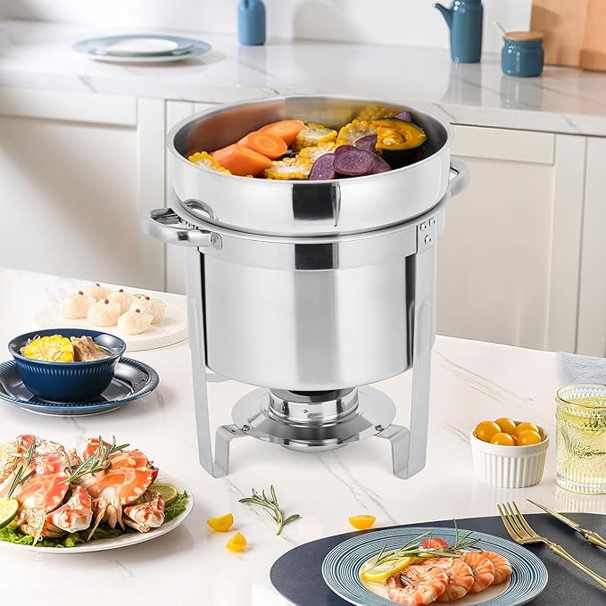 Commercial 7QT Soup Chafer Set, 4 Pack Stainless Steel Round Food Warmers Set with Pot, Notched Lids & Fuel Containers, Soup Warmers Ideal for Buffet Service & Event Catering