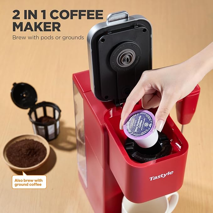 Single Serve Coffee Maker with Built-in Detachable Milk Frother, Iced and Hot Coffee Machine for K Cup & Grounds, 40oz Removable Water Reservoir, 6 Cup Sizes, Fits 7.3" Travel Mug, Red