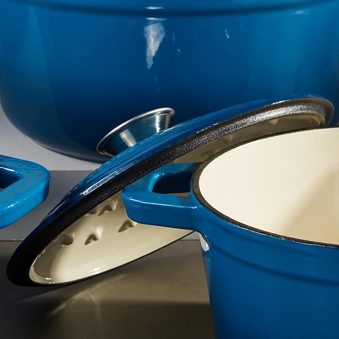BergHOFF 10Pc Neo Enameled Cast Iron Cookware Set, Matching Lid, Oven Safe Up To 400°F, Blue