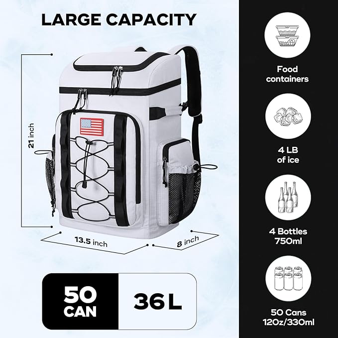 Maelstrom Backpack Cooler,Soft Lightweight Leakproof Cooler Backpack,50 Can Insulated Cooler Bag,Keeps 50 Cans Hot/Cold for Up to 16 Hours,Waterproof Lunch Bag for Men Women-White