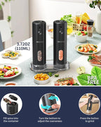 CIRCLE JOY Rechargeable Electric Salt and Pepper Grinder Set with Base, Automatic Pepper Mills with 110ml Container, External Adjustable Coarseness, White Led Light and One-Handed Operation, Black