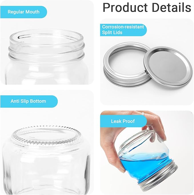 8 oz Glass Mason Jars, 24 Pack Regular Mouth Glass Canning Jars with Silver Aluminum Lids and Bands, Airtight Jam Jars for Food Storage, Pickling, Fermenting, Honey, Jelly, DIY Candles Decor