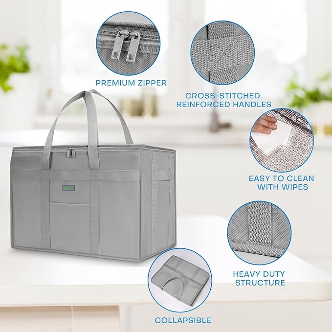 JUNGYOON 2-Pack Heavy-Duty Insulated Grocery Bags & Food Delivery Bag – Collapsible Cooler Bag with Zippered Top | Reusable Shopping Bags for Groceries, Picnics, Easy Storage(XL Grey)