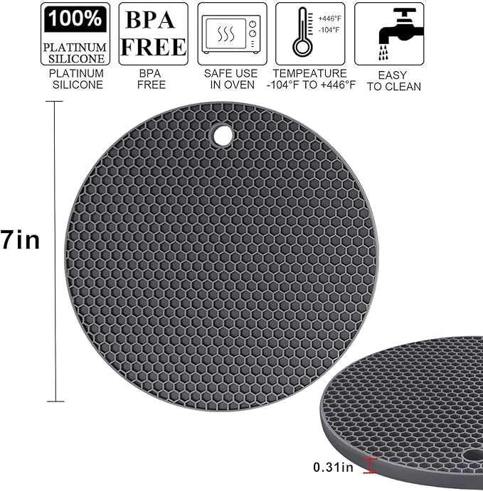 Silicone Trivets for Hot Pots and Pans, 0.31" Thick Trivet Mat for Hot Dishes Set of 4, Heat Resistant Durable Flexible Silicone Mat Pot Mat for Countertop, Easy to Wash and Dry, Dark Gray