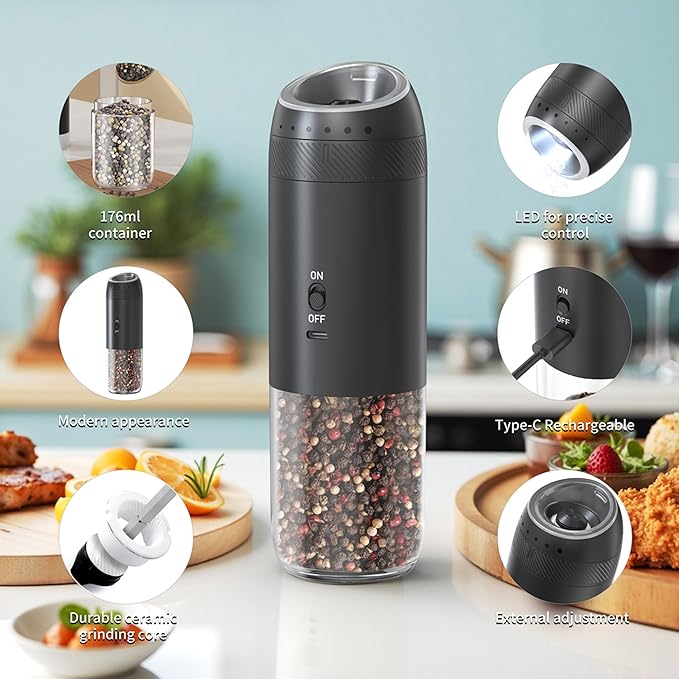 Electric Salt and Pepper Grinder Set – Rechargeable Gravity Automatic Pepper Mill Gift Set with LED Light & 6 Adjustable Coarseness