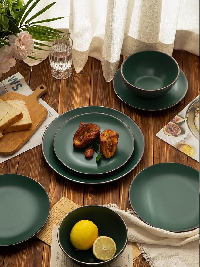 Famiware Venus Plates and Bowls Sets, 18 Pieces Stoneware Dinnerware Sets, Speckled Dishes Set for 6, Microwave and Dishwasher Safe, Matte Dark Green