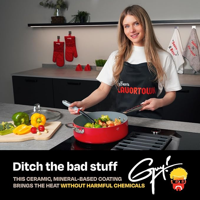 Guy Fieri's Flavortown 6-Piece Ceramic Cookware Set, 8" & 10.2" Frypans, 2QT Saucepan, 3.2QT Sautépan Nonstick, Made without PFAS PTFE PFOA, Oven & Dishwasher Safe, Easy to Clean, Red