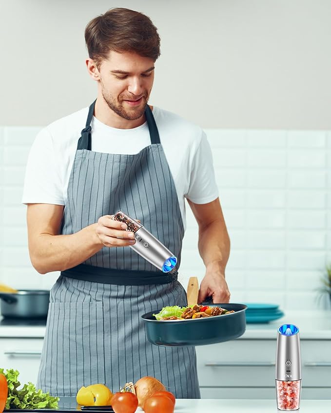 XinXu RECHARGEABLE Salt and Pepper Grinder Set,Automatic Pepper Mill,USB Rechargeable,Adjustable Coarseness,One-handed Operation,Ceramic Burr,Refillable,Auto Grinders Shakers LED Light,Sliver