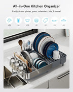 SUNLY Expandable Dish Drying Rack, Versatile Brackets for Pots & Pans, Space Saving Kitchen Drying Rack, Dish Racks for Kitchen Counter, Stainless Steel Dish Drainers with Extendable Spout, Gray
