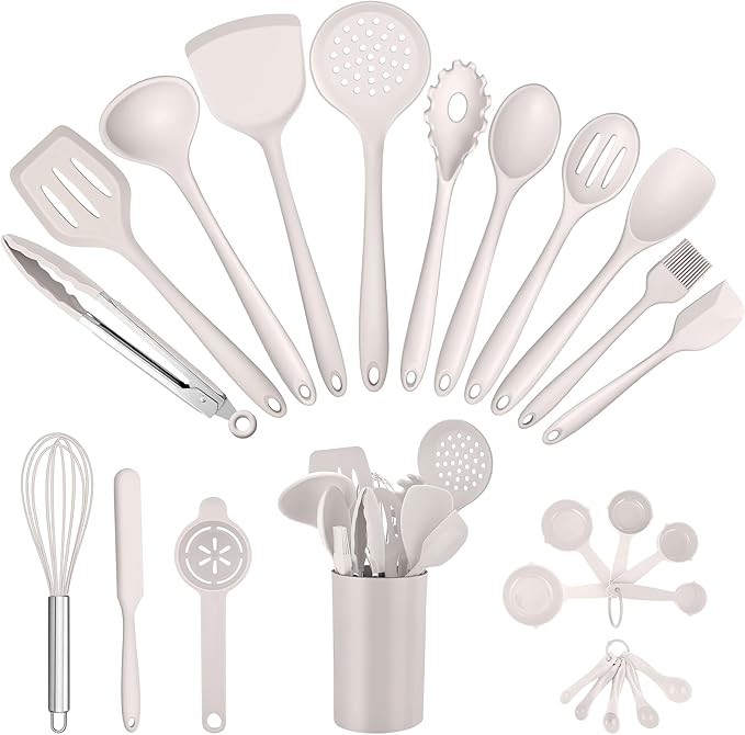 E-far Silicone Cooking Utensils Set, 25 Piece Kitchen Utensils with Holder, Non Toxic Kitchen Tools Spatula, Turner, Spoon, Ladle, Heat Resistant & Dishwasher Safe - Khaki