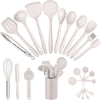 E-far Silicone Cooking Utensils Set, 25 Piece Kitchen Utensils with Holder, Non Toxic Kitchen Tools Spatula, Turner, Spoon, Ladle, Heat Resistant & Dishwasher Safe - Khaki