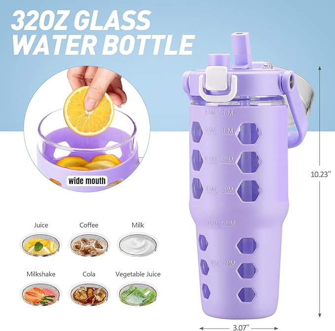 MUKOKO 32 oz Glass Tumbler with Straw,Glass Water Bottles with Time Marker,Iced Coffee Cup with Silicone Sleeve,Motivational Drinking Bottles,Leakproof-Purple