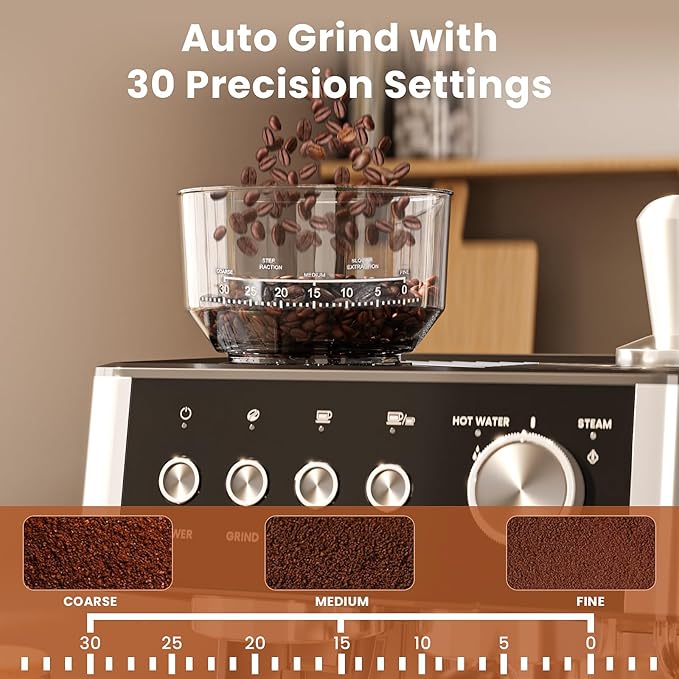 WAA Espresso Machine 20 Bar, Stainless Steel Expresso Coffee Machines with Grinder, Latte & Cappuccino Machine with Milk Frother Steam Wand for Home