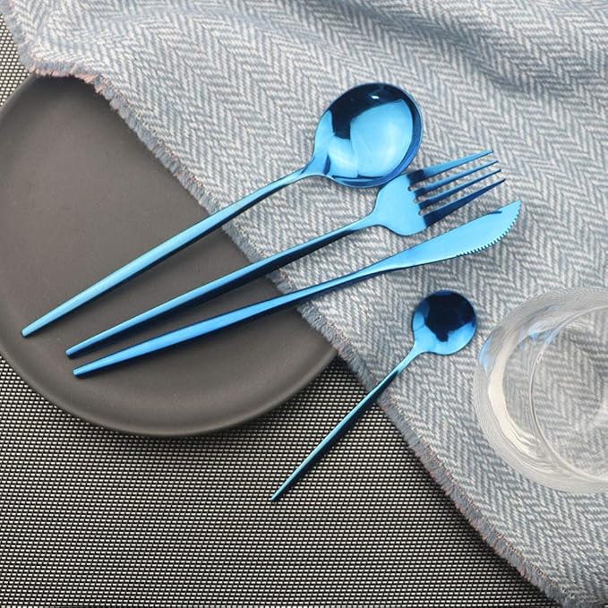 JASHII 24 Pieces Cutlery Flatware Set 304 Stainless Steel Home Kitchen Set, Mirror Polished, Knife/Fork/Spoon, Modern Elegant Tableware Set for Party, Christmas, Dinner (Blue)