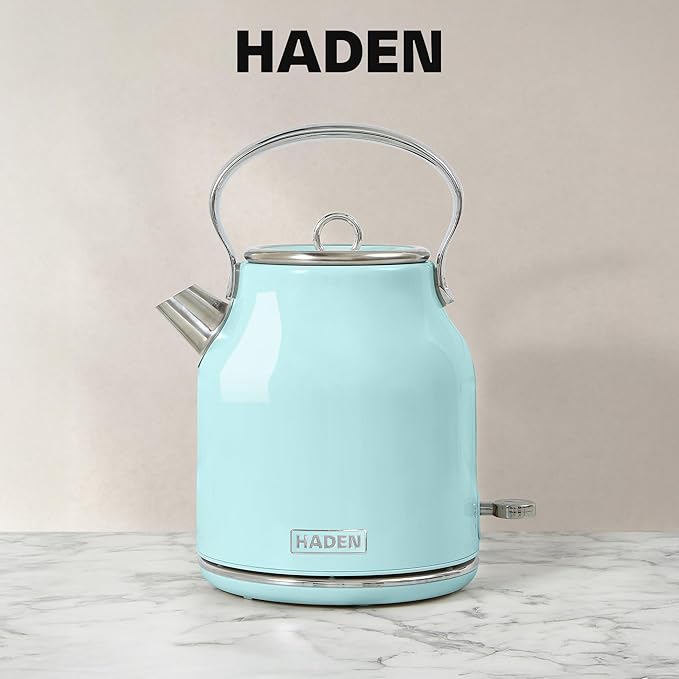 Haden Heritage 1.7 Liter Stainless Steel Electric Kettle, Hot Water Kettle with 360-Degree Base and Auto Shutoff, Turquoise & Chrome