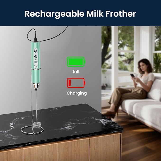 Milk Frother with Stand Rechargeable- Handheld Coffee Frother with 3 Stainless Whisks 3 Speed Adjustable, Electric Whisk Drink Mixer, Foam Maker Blender for Matcha Latte Cappuccino Chocolate