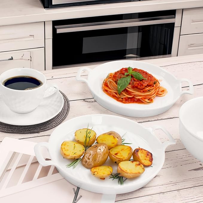 Round 7.4 Inch Au Gratin Baking Dishes, Set of 2, Porcelain Baking pan Oven Safe, Roasting Lasagna Pans, for Casserole Dish, Pie Plate, Baking, Small Plates, Au Gratin Baking Dishes