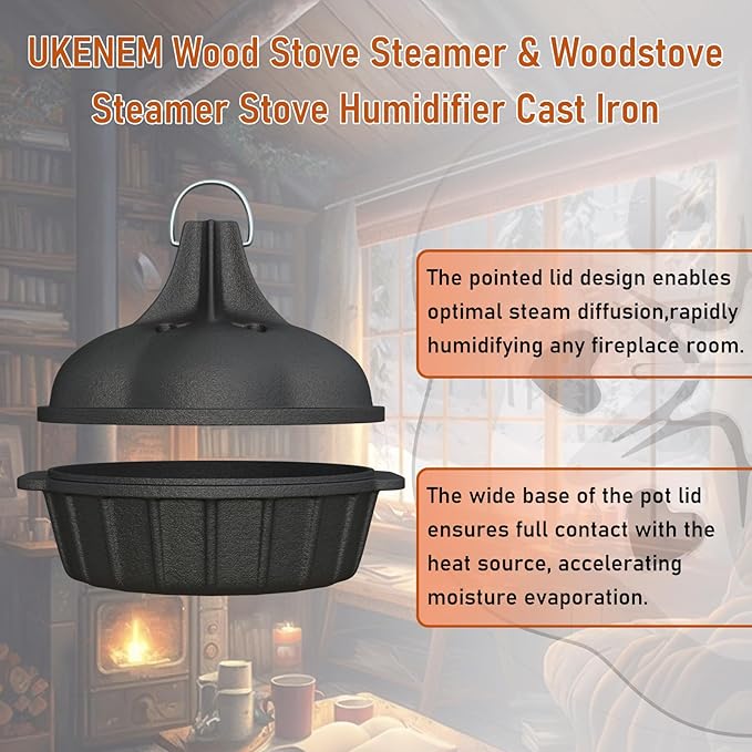 Wood Stove Steamer & Woodstove Steamer Stove Humidifier Cast Iron, 2.3 Quart Round Fireplace Humidifier & Simmer Pots with Heart-shaped Vent At The Top Covers (Round-1)