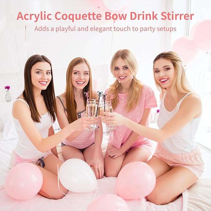 36Pcs Acrylic Bow Drink Stirrers, Acrylic Swizzle Sticks with Coquette Pink and Black Bows, 5.7 x 1.2 in Cocktail Stirrers for Wedding, Birthday, Holiday, Bow-Themed Party Drink Decoration