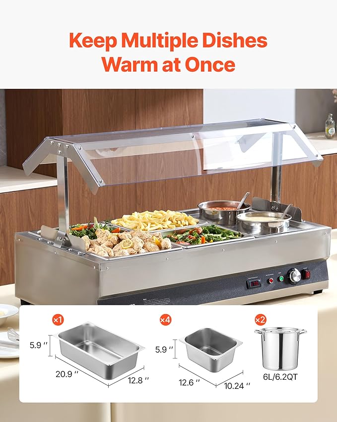 VEVOR Electric Soup Warmer, Two 6.34QT Pots & Four 1/2 Pans, Stainless Steel Commercial Food Warmer with 86~185°F Adjustable Temp, 1500W Bain Marie with Cover, Soup Station for Restaurant, Buffet