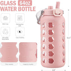 MUKOKO 64oz Glass Water Bottles with Straw and Lid,Half Gallon Water Bottle with Time Marker,Large Glass Water Jug with Silicone Sleeve and Stainless Steel Handle-Pink