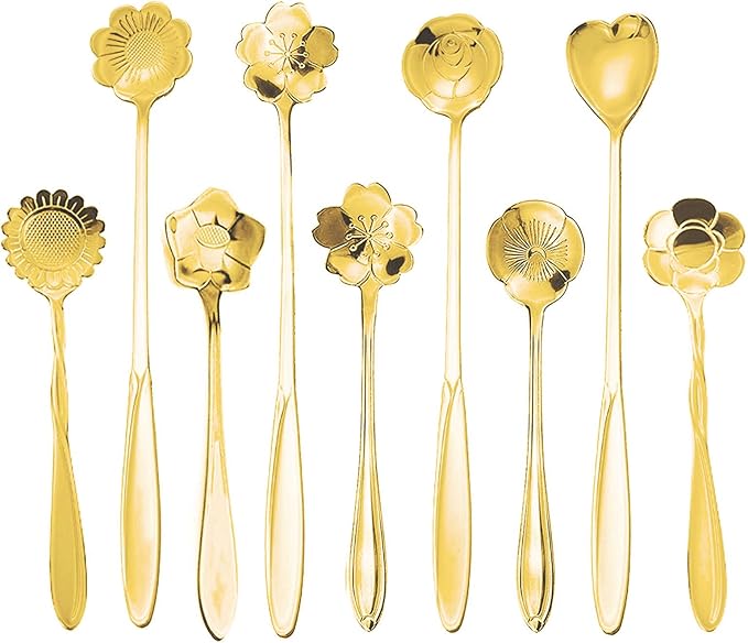 9 Pcs Flower Spoon Coffee Teaspoon Set, ESRISE Stainless Steel Tea Spoon for Tea Party Decorations (Gold)