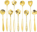9 Pcs Flower Spoon Coffee Teaspoon Set, ESRISE Stainless Steel Tea Spoon for Tea Party Decorations (Gold)