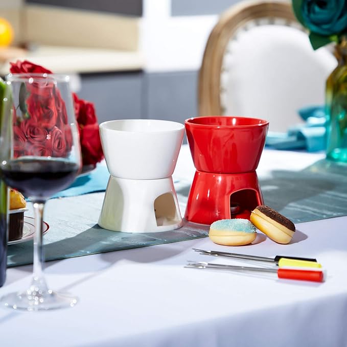 Mudder Fondue Mug Ceramic Pot and 8 Pieces Forks for Melting Chocolate, Cheese, Broth Or Tapas On Valentine‘s Day(Red and White)