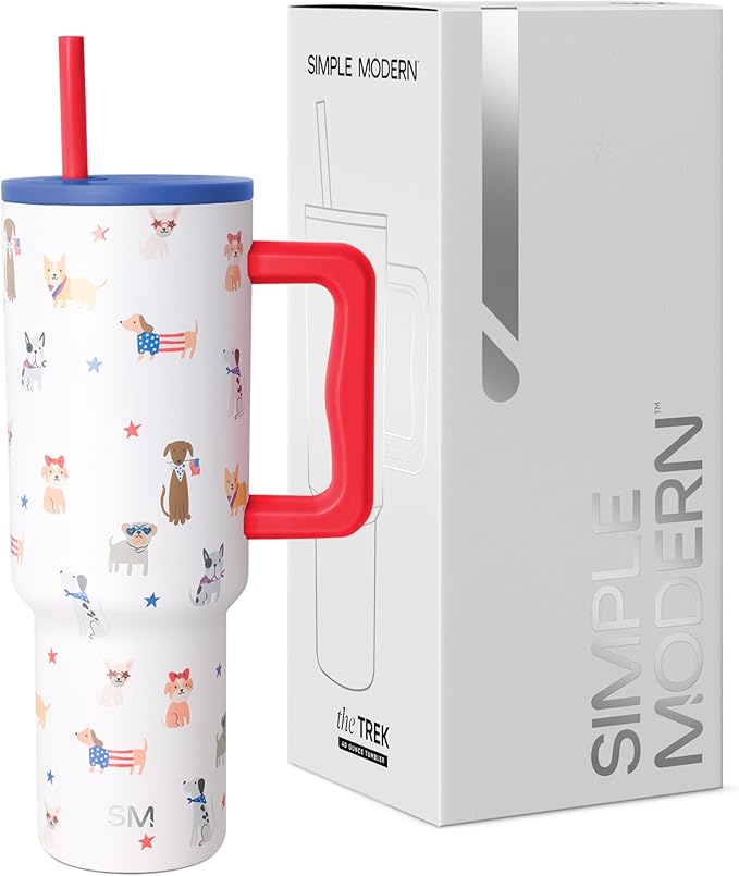 Simple Modern 4th of July 40 oz Trek Tumbler with Handle and Straw Lid | Cup Holder Friendly Insulated Stainless Steel Travel Mug | Patriotic Pets