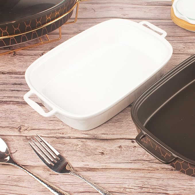 11" x 8" Ceramic Rectangular Casserole Dish with Glass Lid, 1.6 Quart White Serving Soup Tureen,Chafing Dish for Buffet, Family Food preserve Tray, Catering Casserole for Party Style