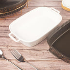 11" x 8" Ceramic Rectangular Casserole Dish with Glass Lid, 1.6 Quart White Serving Soup Tureen,Chafing Dish for Buffet, Family Food preserve Tray, Catering Casserole for Party Style
