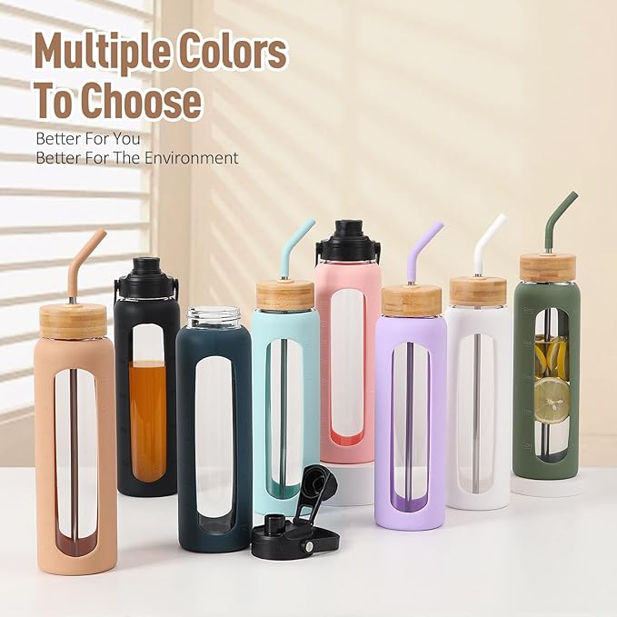 Kodrine Water Bottle with Straw, 24 oz Glass water Bottle with 2 Lids Bamboo Straw Lid and Spout Lid with Handle, 32 oz Clear Water Bottle Glass for Sports Travel, Waterbottle with Time Marker